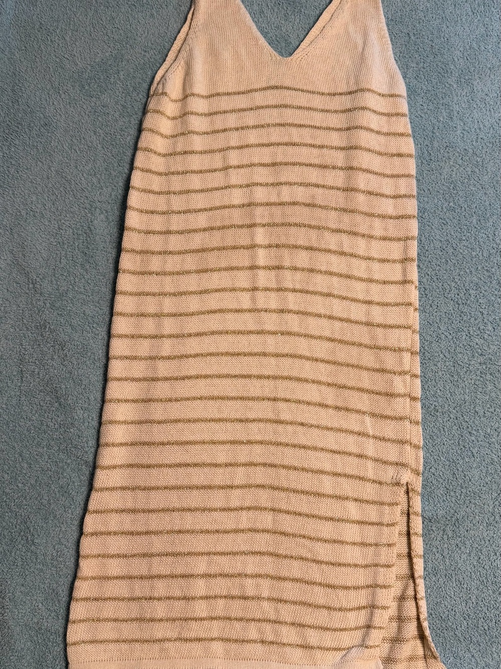 Floris Italy Beige Gold Stripes Sleeveless Knit Maxi Dress V Neck M/L Side Slit